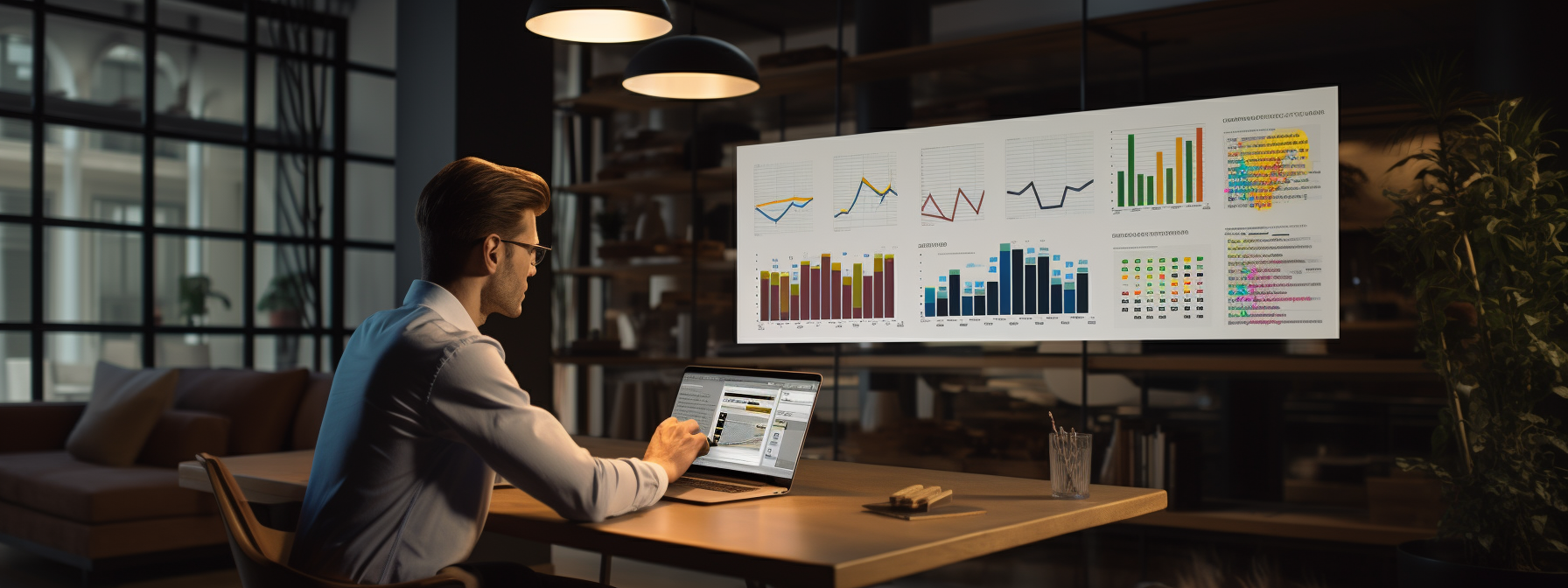 A man in an office analyzing bar charts on his computer and another large monitor